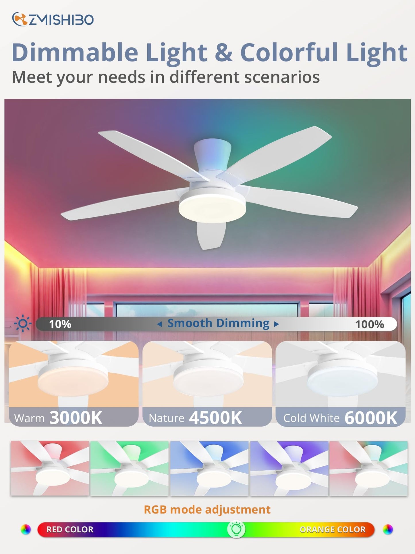 ZMISHIBO 48 inch RGB Ceiling Fans with Lights and Remote/APP Control,White Low Profile Ceiling Fan with Quiet DC Motor,LED Dimmable, Modern Flush Mount Ceiling Fan for Bedroom Indoor,Party, Patio