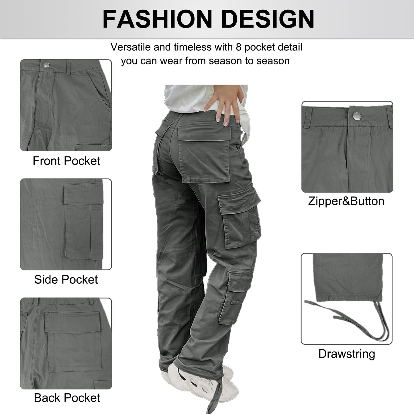 SDNGED Women's High Waisted Cargo Pants Travel Y2K Streetwear Baggy Stretchy Pants with Pockets Drawstring Ankle Cuffs Dark Grey