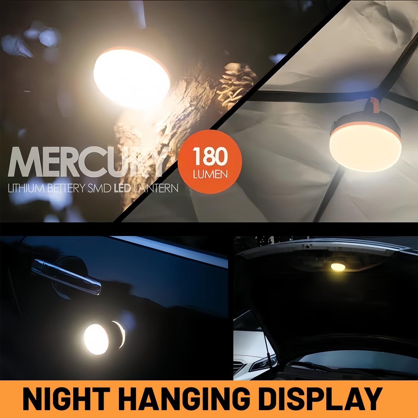 Portable LED Camping Lantern, Collapsible with Carabiner Hook in Eye-Catching Black and Orange – Your Go-to Gear for Nighttime Fun! Adventure Ready！