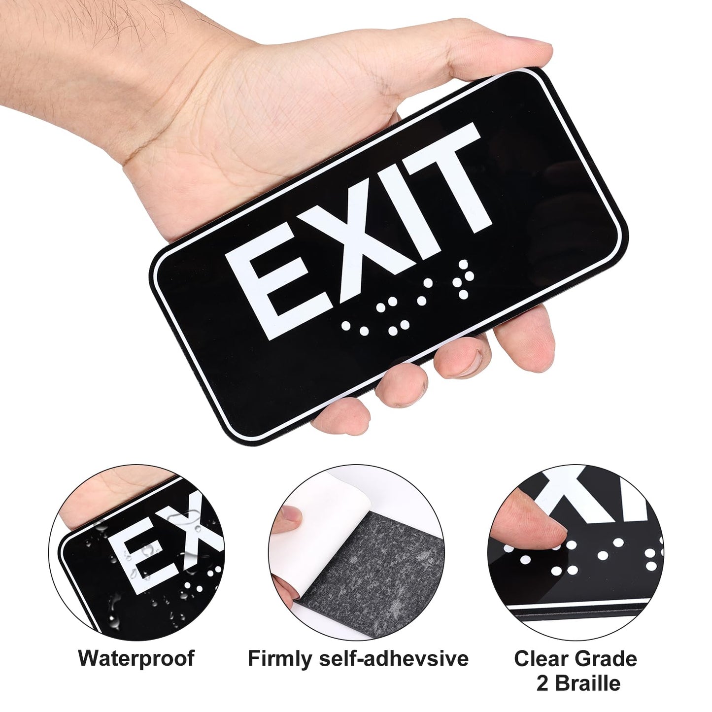 4pcs Exit Sign with Braille, 6x3in Emergency Exit Sign for Business ADA Compliant Plastic Exit Warning Signage with Adhesive Mounting Strips for Indoor Outdoor Office