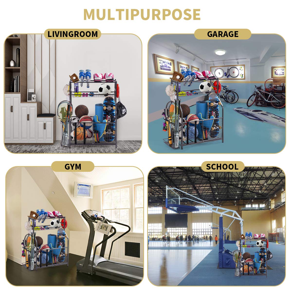 toutnd Garage Sports Equipment Storage Organizer with Baskets and Hooks - Easy to Assemble - Sports Ball Gear Rack Holds Basketballs, Baseball Bats, Footballs, Tennis Rackets and More (Black Rigid)