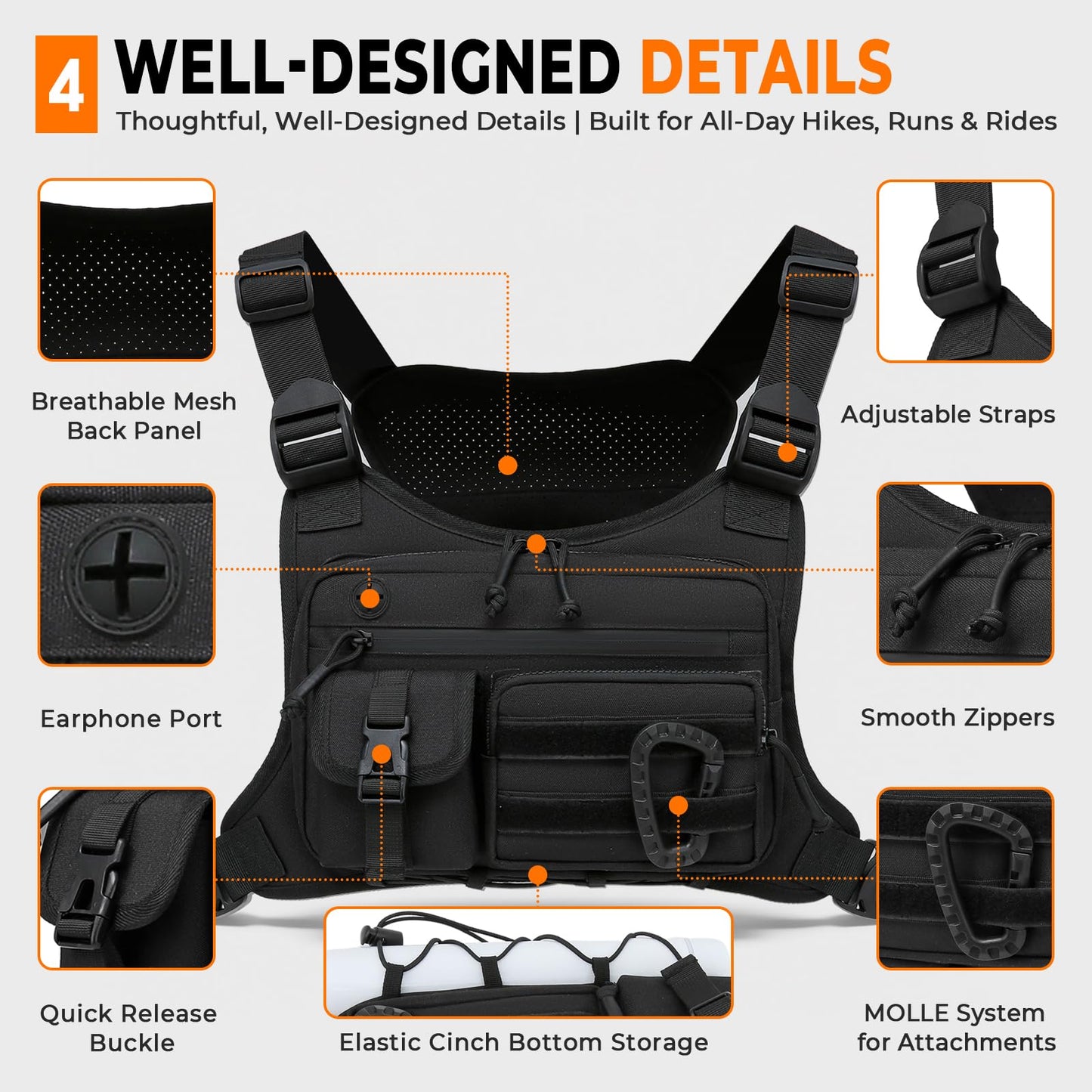 Muserise Tactical Chest Pack for Men Women, Outdoor Running Vest, EDC Chest Rig Bag for Cycling, Sports and Workouts