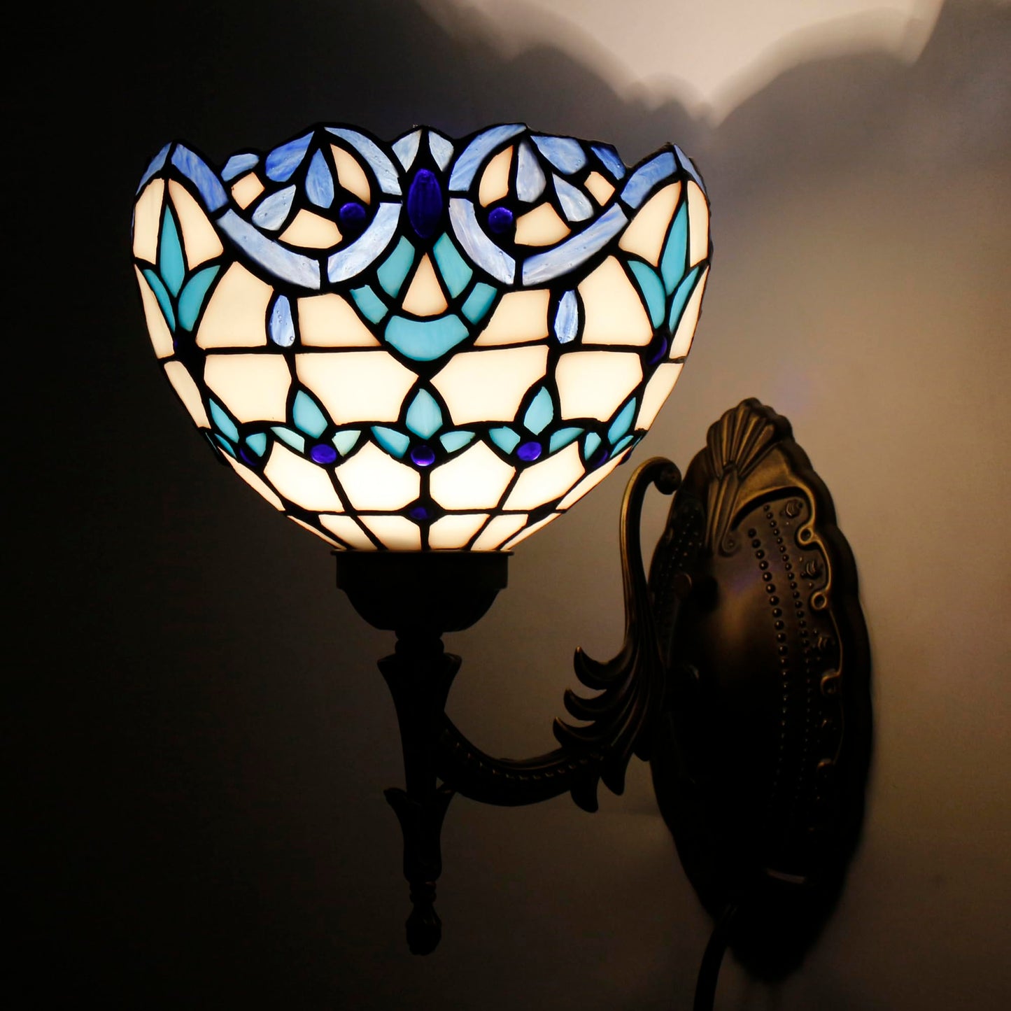 Tiffany Wall Sconce Lamp Stained Glass 8X10.5X11 Inch Plug in Wall Bedside Light for Hallway Bedroom (White Blue Baroque Style)