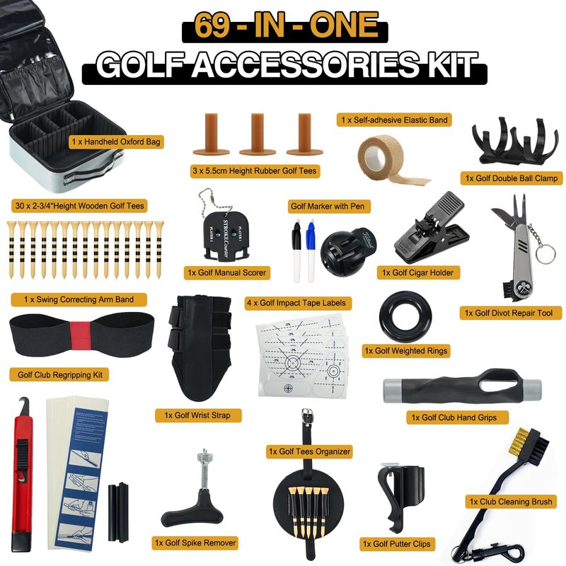 AEORUM Golf Accessories Kit, Golf Gifts for Men & Women, Golf Essentials Tools, 69-Piece Golf Stuff Gear with Oxford Bag, Golf Tees, Golf Club Regripping Kit, Divot Repair Tool,Golf Club Brush