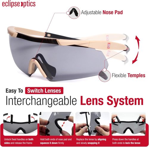 Eclipse Optics Shooting Glasses - ANSI Z87.1+ Safety Glasses with Anti-Fog, Scratch Resistance & UV Protection