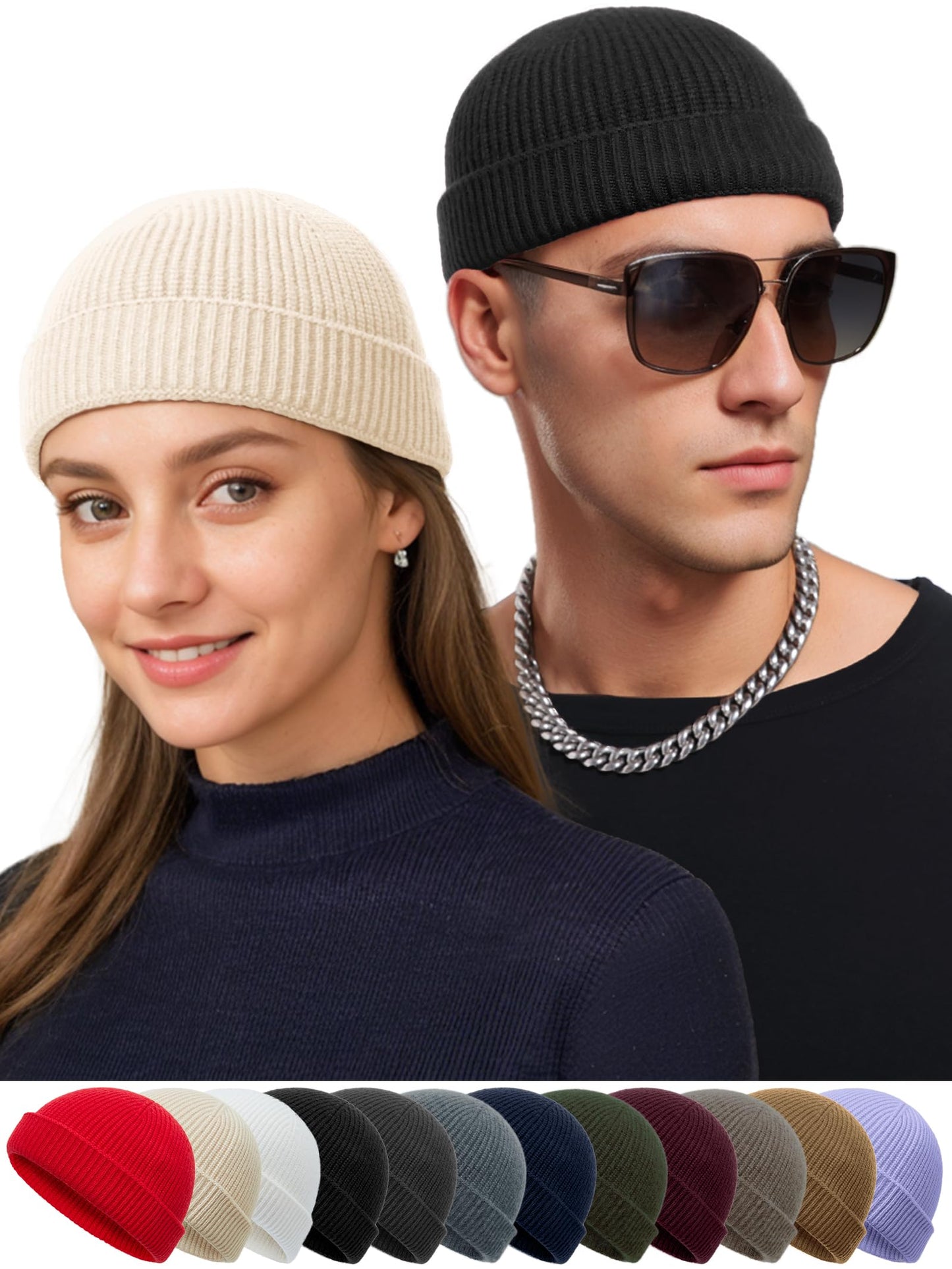 vidsel Thin Wool Fisherman Beanie Hat for Men Women Fall Winter,Short Knit Cuffed Fashion Trawler Skull Cap,Watch Cap,Black