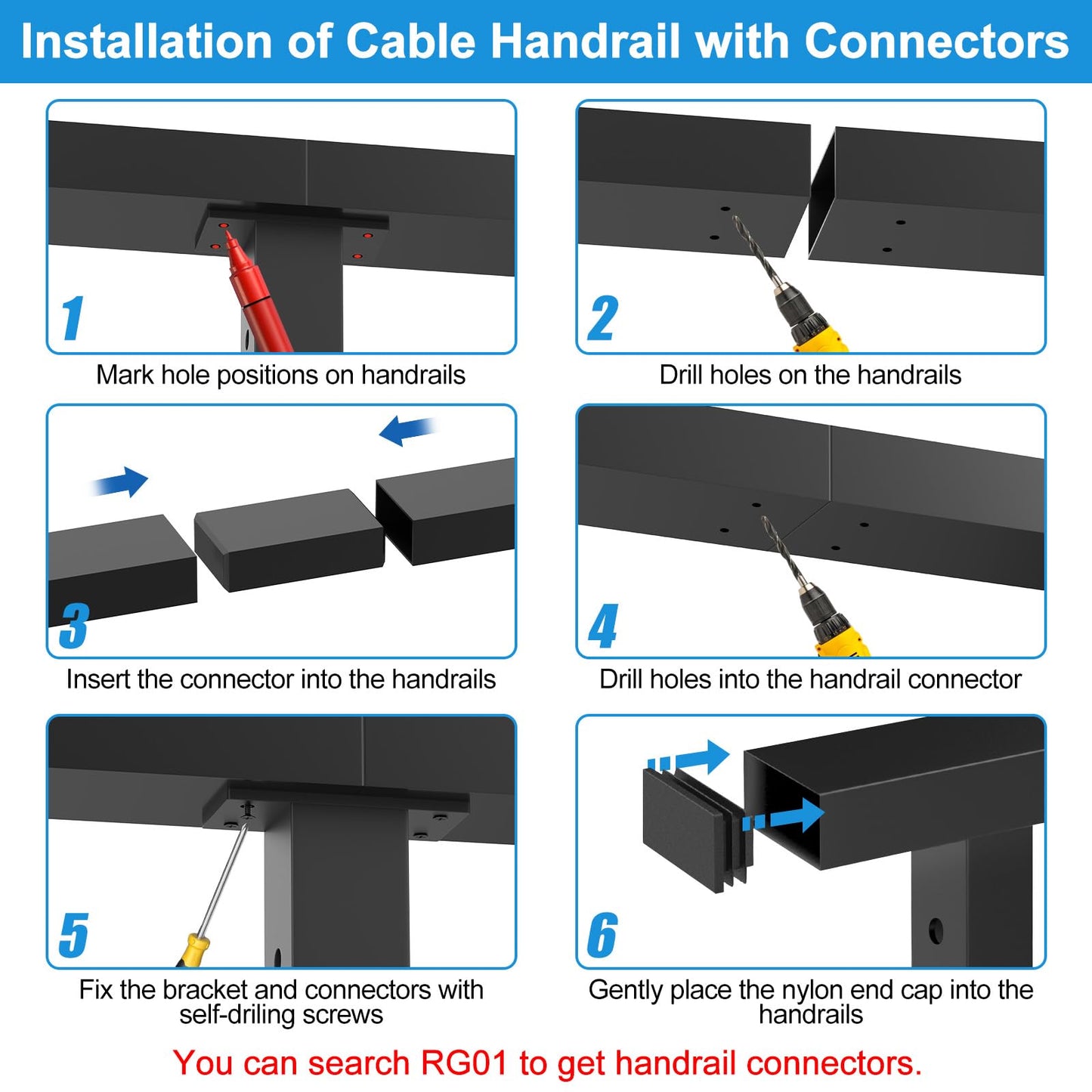 RailinGo 6'6'' Rectangular Cable Railing Handrail, Black Stainless Steel Handrail with Nylon End Caps for Stair Cable Railing System, Black Deck Cable Wire Railing Hardware Kits, RG01-H