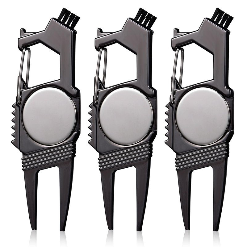 Poen 3 Pcs 7 in 1 Golf Divot Repair Tool and Ball Marker Golf Accessories for Men, Bottle Opener, Groove Cleaner, Putting Alignment, Metal Green Tool(Black)