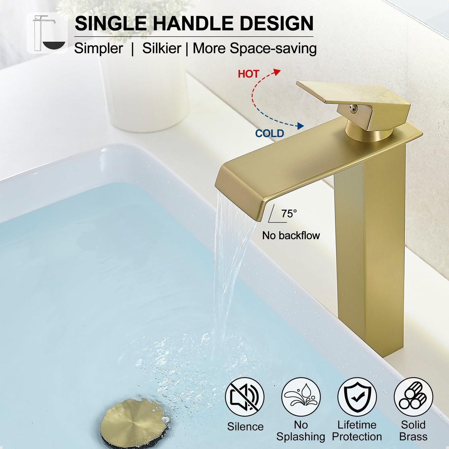 HEYMYTAP Gold Vessel Sink Faucet, Brass Waterfall Tall Faucet for Bathroom Sink 1 Hole with Pop Up Drain and Supply Hoses for Vanity Restroom Modern