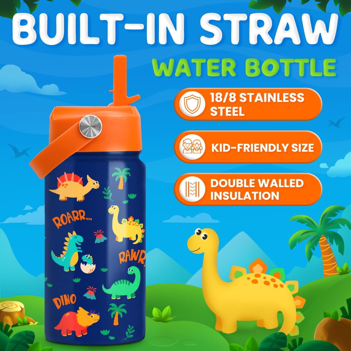 Skiennix Dinosaur Water Bottle - 12 Oz Insulated Stainless Steel with Straw Lid | Perfect for Kids' Sports & School