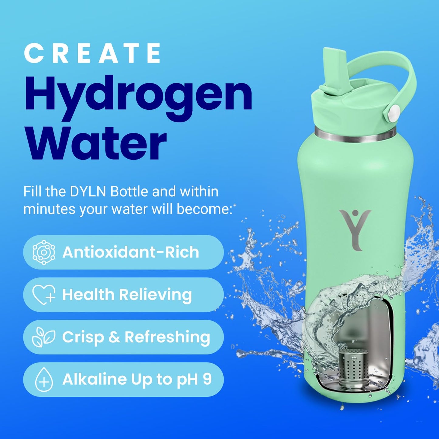 DYLN Hydrogen Water Bottle | Create Hydrating Alkaline Hydrogen-Rich Water Up to 9 pH | Vacuum Insulated Stainless Steel Water Bottle | Keeps Water Cold for 24 Hours | 25 oz, Mint