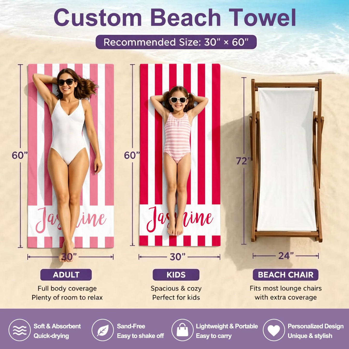 Jecivila Easter Gifts for Kids Personalized Beach Towels with Name, Microfiber Kids Custom Beach Towel, Quick Dry Sand Free Large Towel for Pool Travel Camping Swim Vocation Essentials Adult Gift