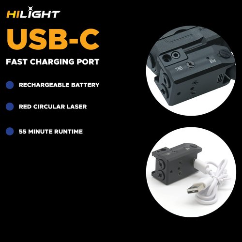 HiLight - Tactical TSB - Circular Red & Classic Blue Beam with Rechargeable Type-C USB Battery - Aircraft Grade Aluminum - Extension Rail Mount Light & Dual Laser Class of IIIR, <5mW