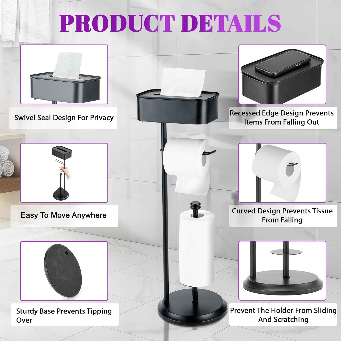 Toilet Paper Holder Stand Black, Free Standing Toilet Paper Holder with Shelf, Rustproof Toilet Paper Stand with Storage, Large Capacity Toilet Tissue Holder for Bathroom, Stainless Steel