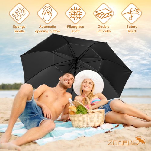 ZOMAKE Large Golf Umbrella UV Potection,62 Inch UV Blocking SPF Umbrellas for Sun Protection Windproof Heavy Duty Vented Double Canopy(Silver,Black)