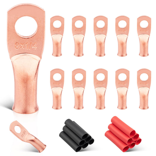 RED WOLF 8 AWG 1/4" Battery Cable Lug 12 PCS w/3:1 Heat Shrink Tubing for Wiring Insulation Black Red 12 PCS for Automotive Electrical 8 Gauge Wire Copper Lug Marine Grade M6 Ring Terminal Ends