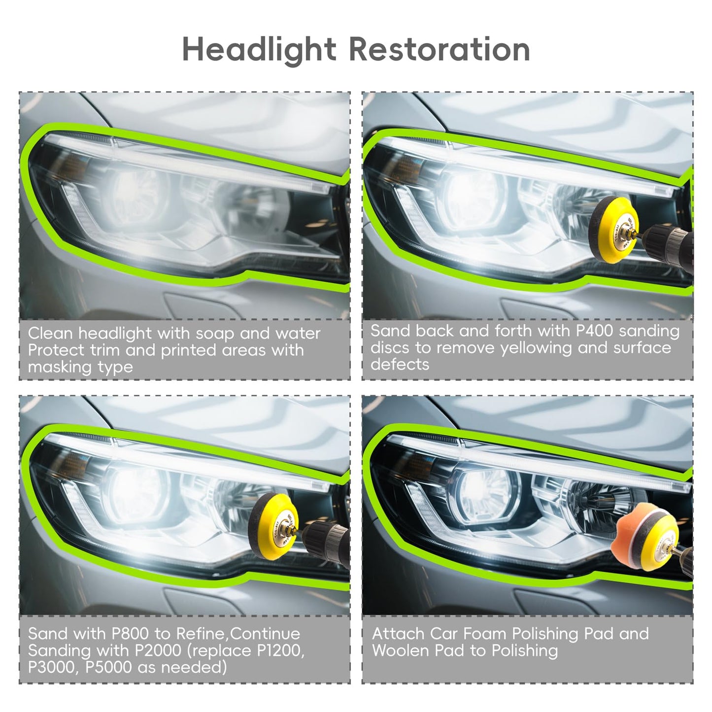 57pcs Polishing and Sanding Kit for Headlight Restoration 3 Inch Sanding Discs with 7 Grit Sandpapers (60 to 3000) for Automotive, Wood, Metal & DIY Projects