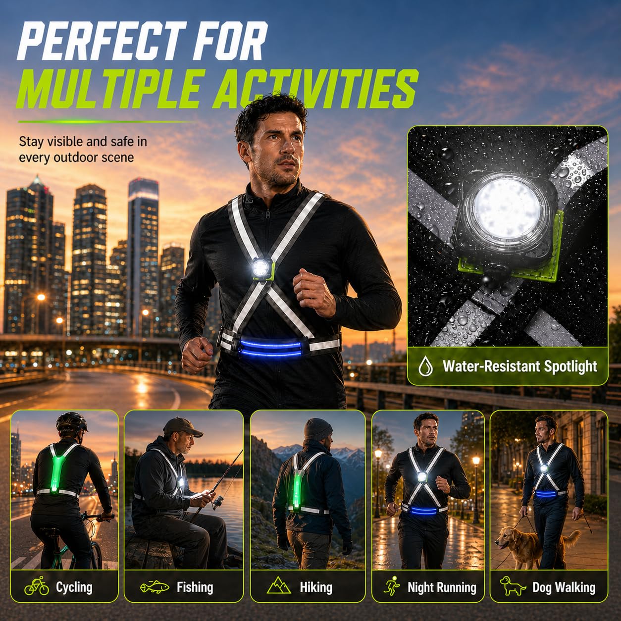 500LM Running Lights for Runners,7+8 Front & Back Light Modes & 360° Reflective Running Vest with Light Up Zip Waist Bag,IPX4 Waterproof High Visibility Rechargeable Gear for Night Walking/Cycling