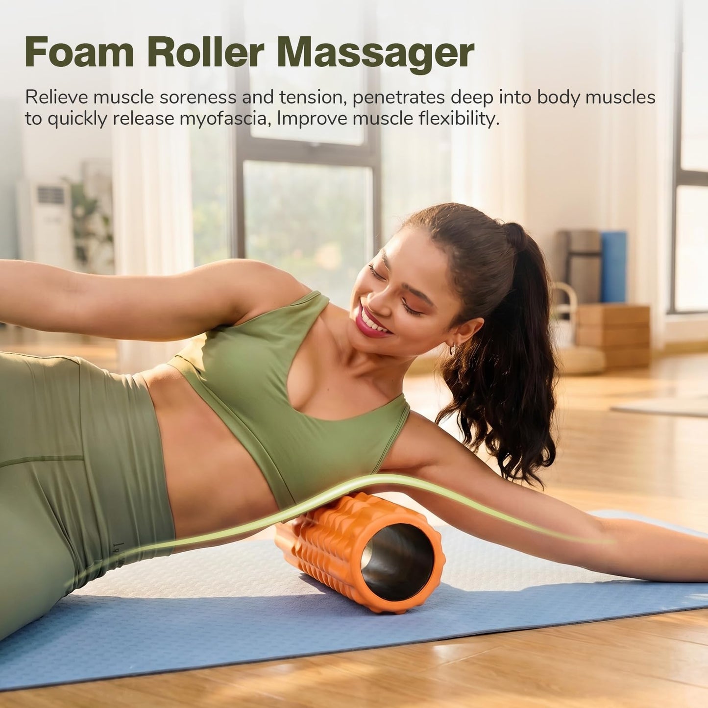 LTHTRADE 5 in 1 Foam Roller Set - Deep Tissue Foam Roller, Muscle Roller Stick, Massage Ball, Resistance Band for Physical Therapy & Deep Tissue Muscle Massage (Orange)