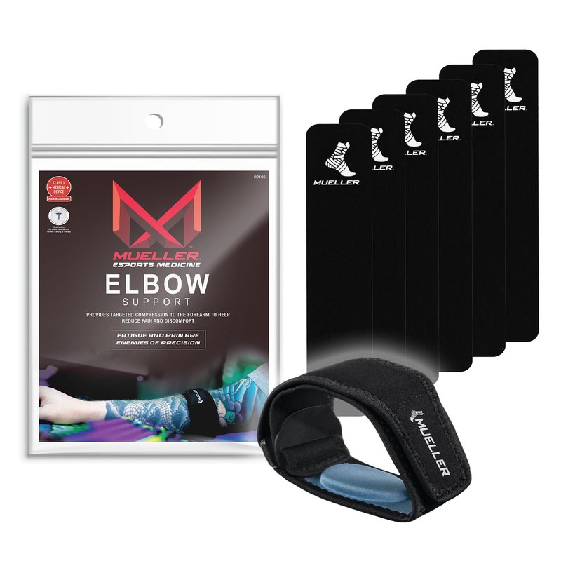 MUELLER Esports Medicine Adjustable Elbow Brace with Gel Pad for Men and Women, Elbow Pain Relief Support Sleeve, 6 KTape Strips Included, Ideal for Gamer's Console and Mouse Elbow, Black, One Size