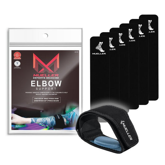 MUELLER Esports Medicine Adjustable Elbow Brace with Gel Pad for Men and Women, Elbow Pain Relief Support Sleeve, 6 KTape Strips Included, Ideal for Gamer's Console and Mouse Elbow, Black, One Size