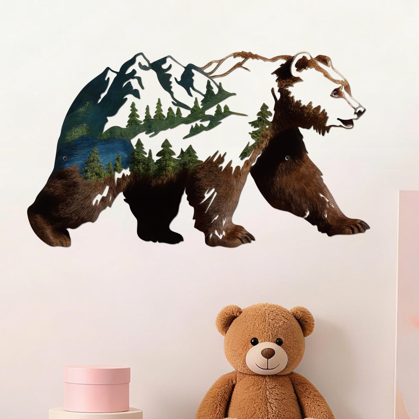 Resama Metall Bear Forest Pine Tree Wall Art Bear Peak Natural Scenery Wall Sign for Home, Wildlife Hunting Home Hanging Decorations for Living Room, Bedroom Kitchen Bathroom (Dark Brown)