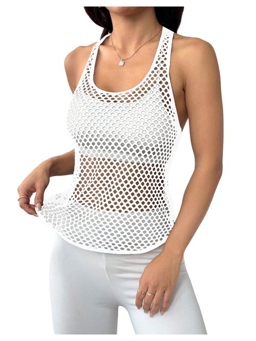 OYOANGLE Women's Mesh Racerback Workout Tank Top Hollow Out Scoop Neck Sleeveless Sports Shirts White Large