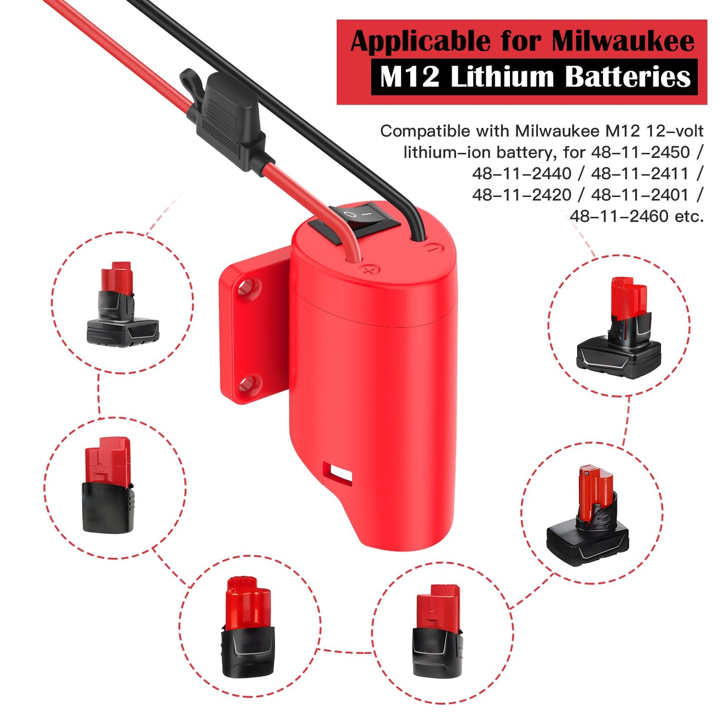 1 Packs Power Wheel Adapter for Milwaukee M12 Battery Adapter 12V Power Wheel Battery Conversion Kit with Switch, Fuse & Wire Terminals, 12AWG Wire, Power Connector for DIY Rc Car Toys and Robotics