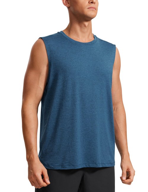 CRZ YOGA Men's Workout Sleeveless Shirt Quick Dry Stretchy Swim T-Shirts Athletic Gym Running Beach Tank Top Night Blue Heather Large