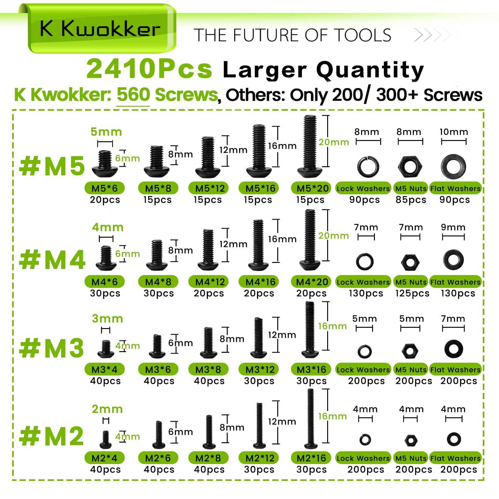 K Kwokker 2410Pcs M2 M3 M4 M5 Nuts and Bolts Assortment Kit 4MM to 20MM Upgraded Zinc Plated Hex Button Head Cap Metric Machine Screws, 10.9 Alloy Steel Bolts and Nuts Kit w/Lock Washers for Screws