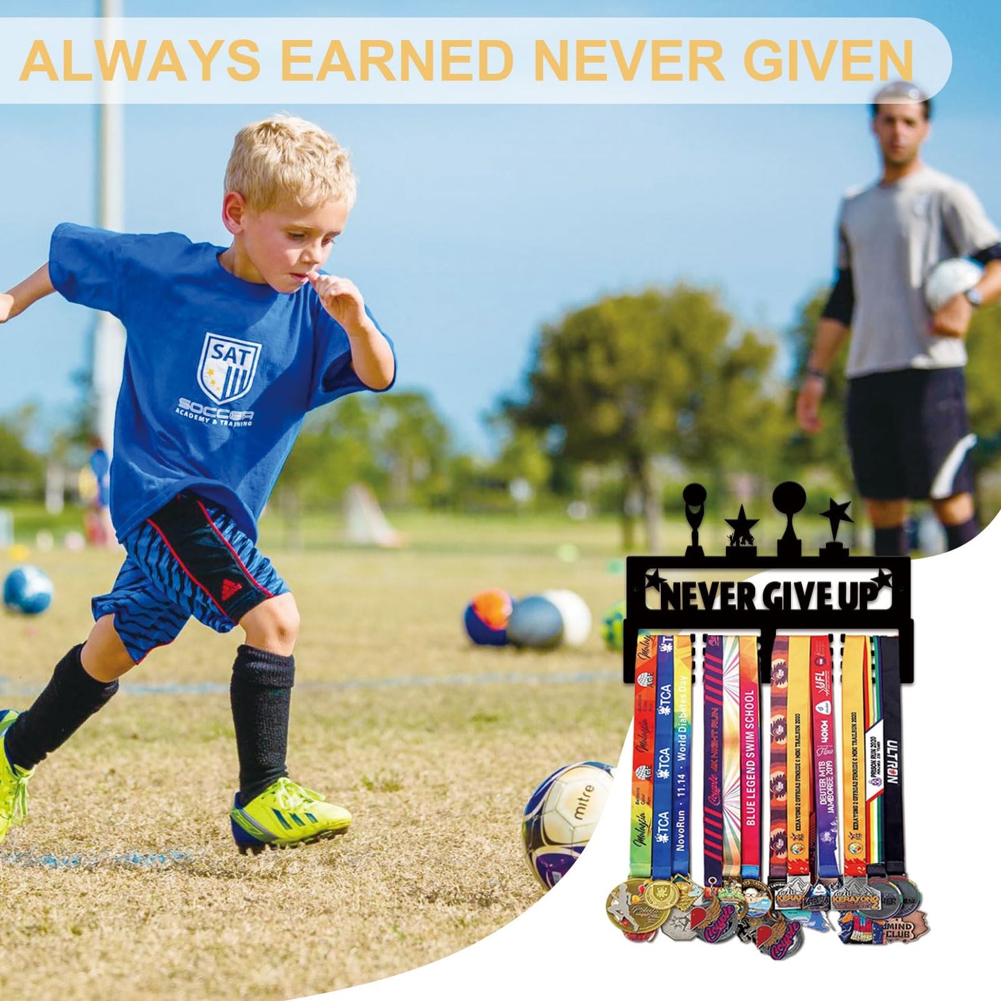 Resama Metal Holder Display Hanger Rack Frame- Metal Awards Rack for Walls Holds 40+ Never Give Up Sports Medals Hanger Ribbon Display Holder Rack with Easy Hanging