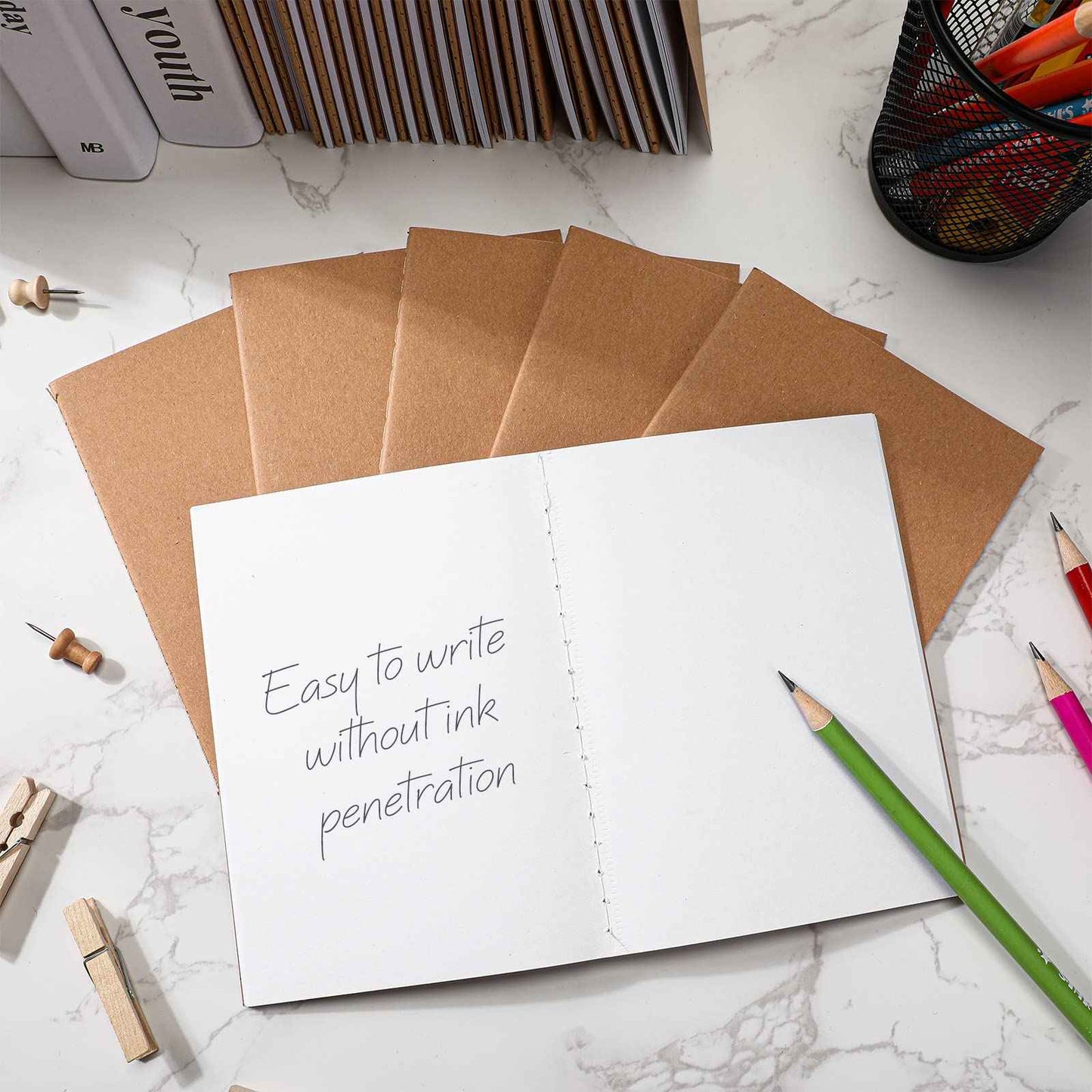 Handepo 150 Pack A6 Kraft Paper Notebooks Blank Page Mini Notebooks Bulk Sewn Travel Journal Kraft Pocket Memo Pad Unlined Subject Notepads for Travelers Students Classroom School Supplies(Brown)