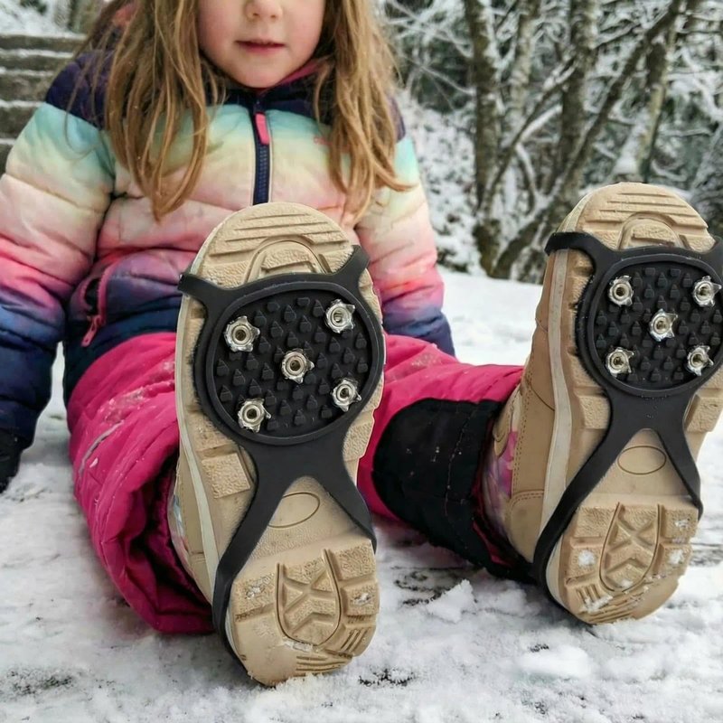 2 Pairs Black 5-Cleat Ice Grips for Shoes, Anti-Slip Cleats for Ice and Snow, Lightweight Spikes for Walking and Hiking, Secure Traction Grippers for Shoes & Boots in Size S (Kids’ Size 5-7)