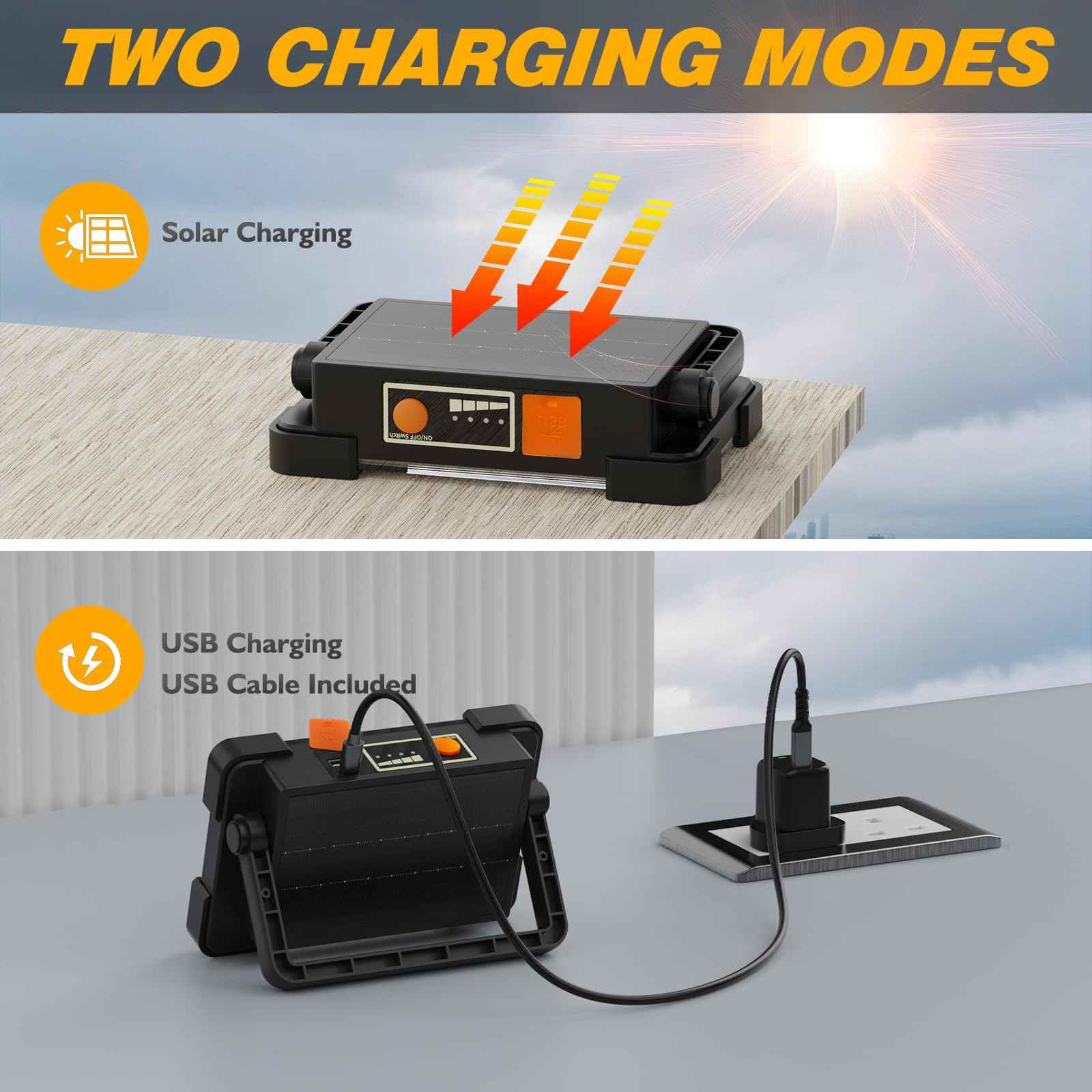 120W Solar Rechargeable Work Light, 144 LED 10000LM Led Work Light with 4 Modes, Portable Flood Light with Stand, IP66 Waterproof Outdoor Working Light for Emergency Mechanic Camping Repair (Black)