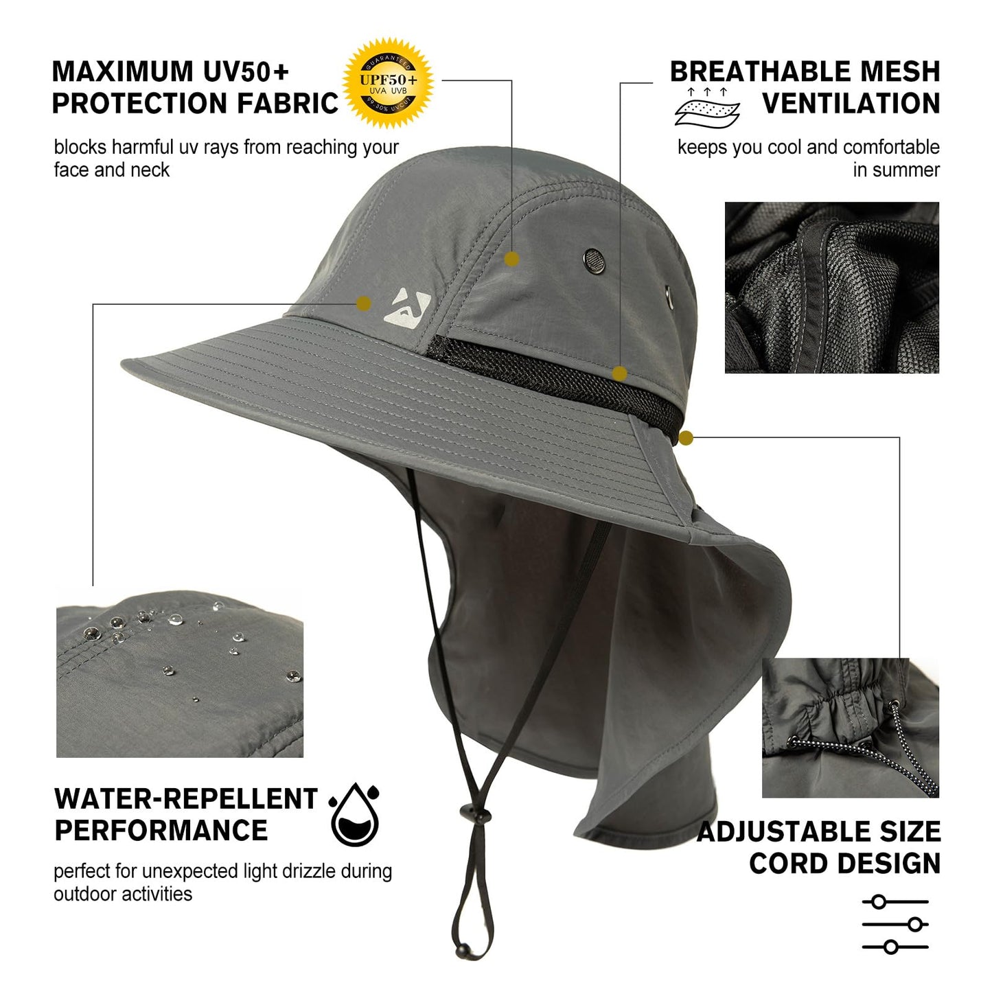 Summer Sun Hat Shade Men Big Head Women Wide Brim Neck Flap Safari Waterproof Beach UPF50+ Fishing Hiking Dark Grey