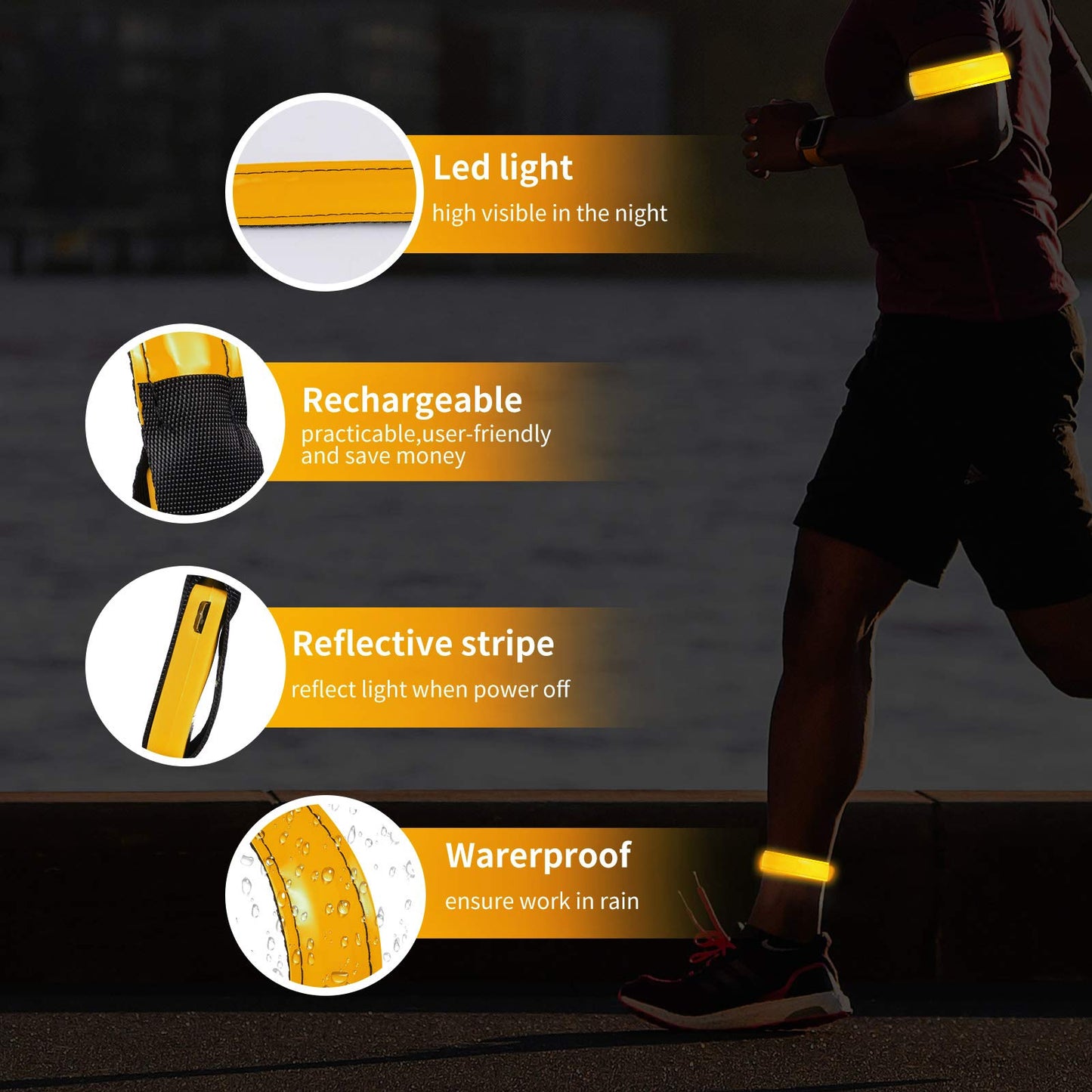 OMKHE 2 Pack Rechargeable LED Reflective Armband, High Brightness High Visibility Night Safety Light Band, Wearable Flashing LED Gear for Running, Walking, Biking and Outdoor Activities