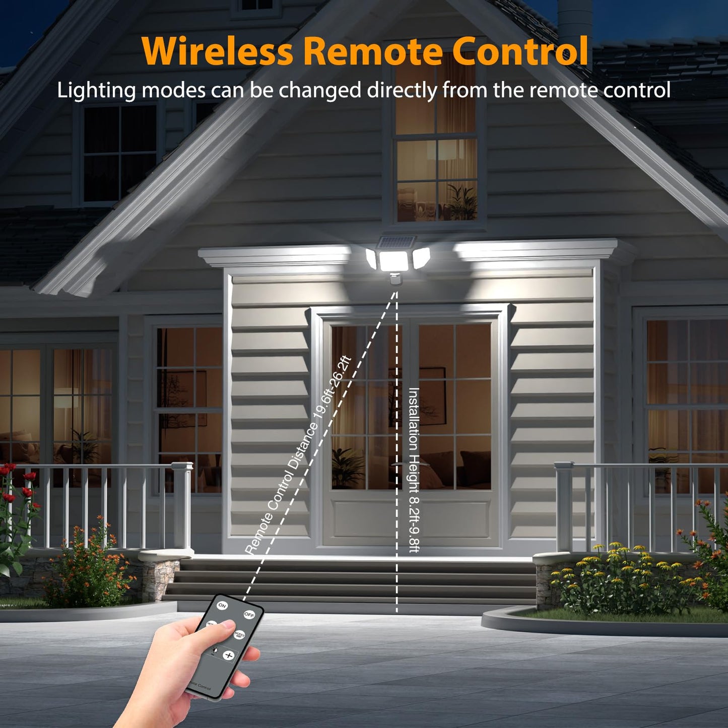 Onforu 4500LM Solar Lights Outdoor, 3 Heads Security Lights with Remote Control, IP65 Waterproof Motion Sensor Lights, 3 Modes Flood Lights for Wall, Porch, Yard, Outside, 1 Pack