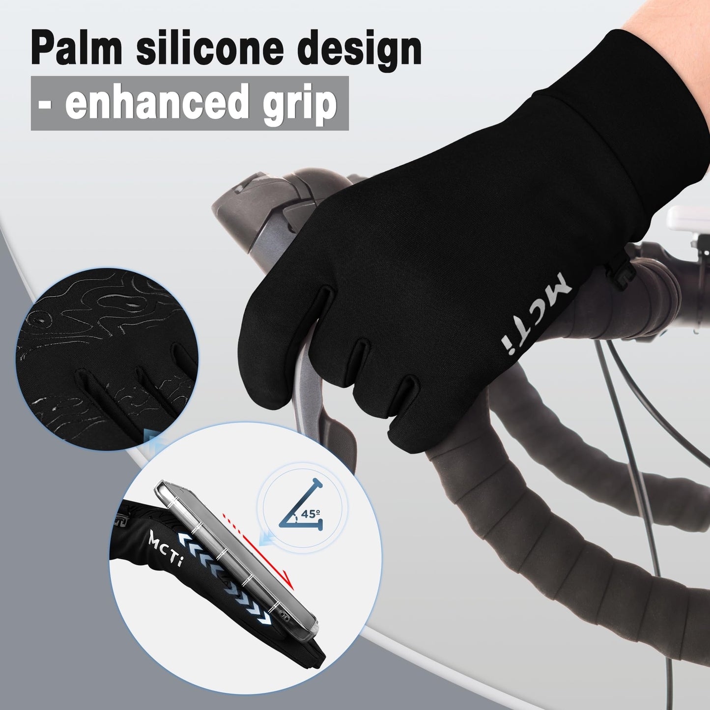 MCTi Lightweight Gloves Liners for Men Women, Touch Screen Gloves with Conductive Microfiber, Palm Silicone, for Cold Weather Running Driving Hiking Black-L