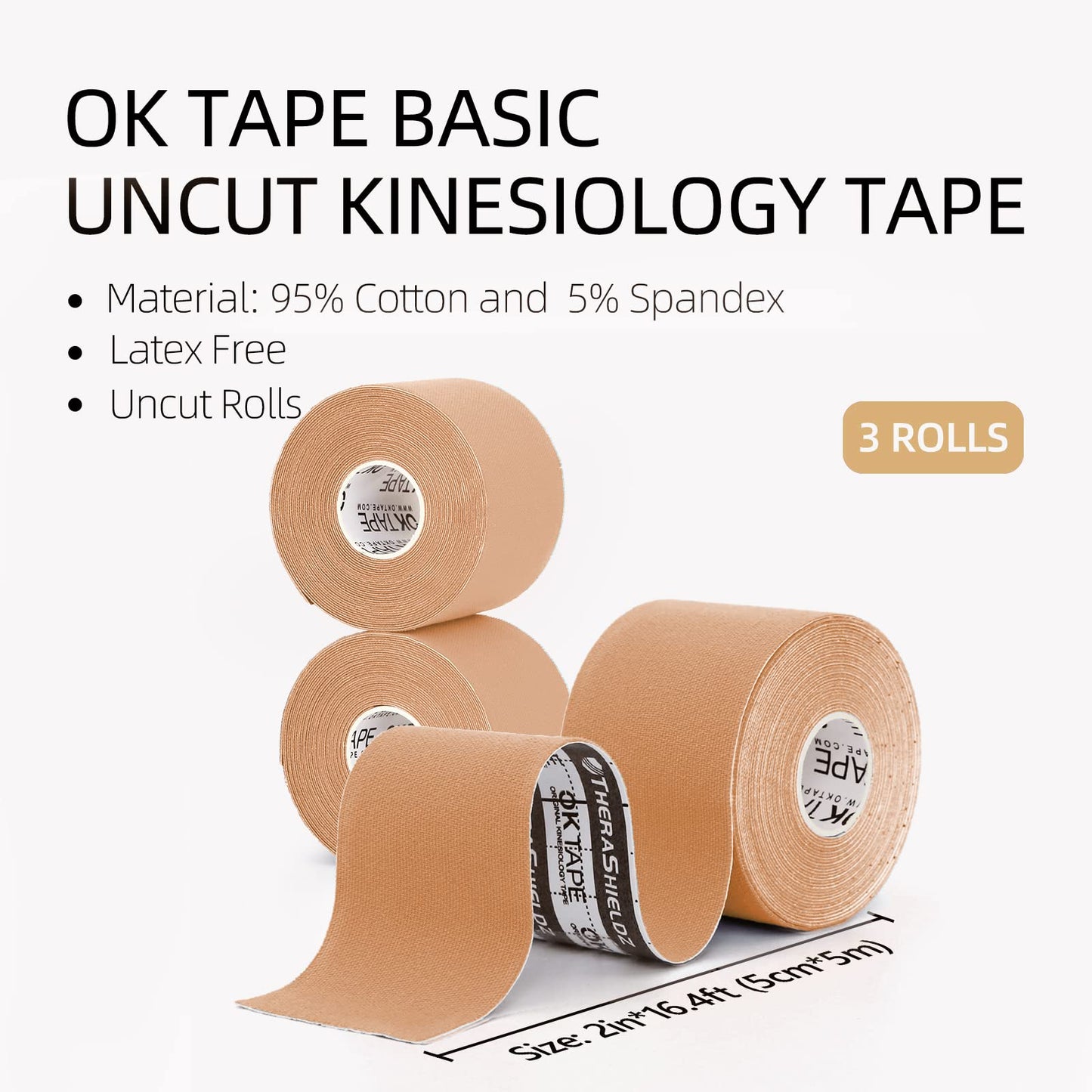 OK TAPE Regular Kinesiology Tape (3 Pack), Original Cotton Athletic Tape for Support Muscle Joint Knee, Sports Waterproof Tape Uncut Strips Latex Free, Hypoallergenic, 2in×16.4ft - Beige