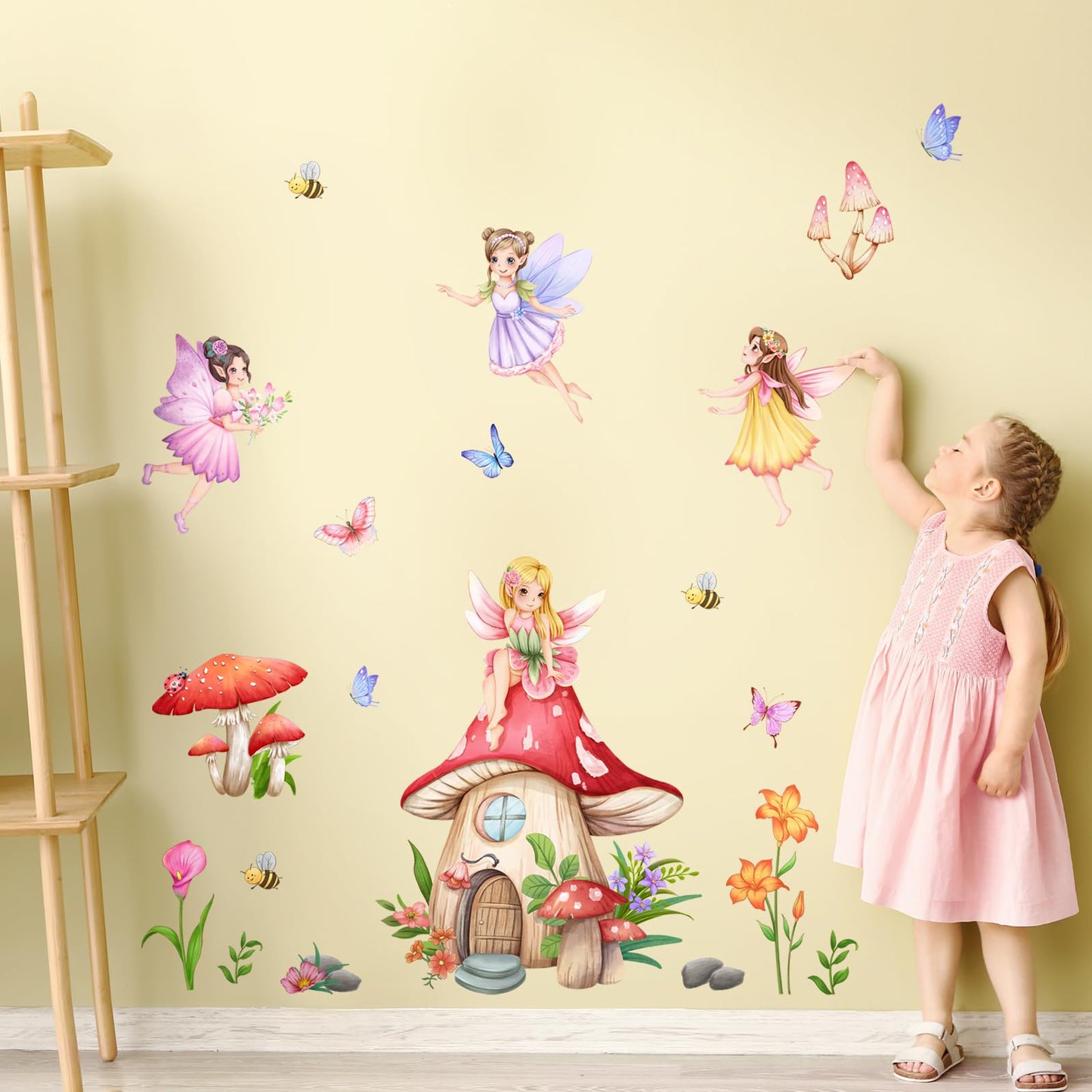 Supzone Mushroom House Fairy Wall Decals Elf Flowers Butterflies Wall Stickers Peel and Stick Vinyl Wall Art Decor for Girls Baby Nursery Bedroom Living Room