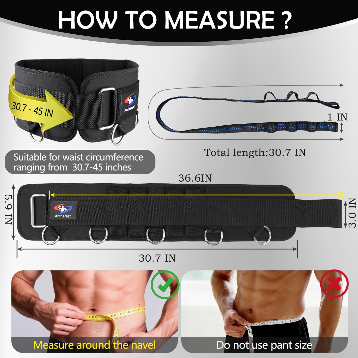 5 D-Rings Weightlifting Belt & Dip Belt with Adjustable 8- Loop 30.7" Nylon Strap, Weighted Gym Belts for Pull Up, Dips,Squat, Powerlifting & Deadlift, Weight Lifting Belt with Structured Back Support