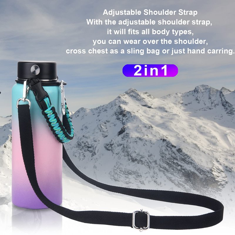 Wongeto Paracord Handle with Adjustable Shoulder Strap Compatible with Hydro Flask Wide Mouth Water Bottles 12oz, 18oz, 24oz, 32oz and 40oz - for Walking,Camping,Gym,School (Mint Green)