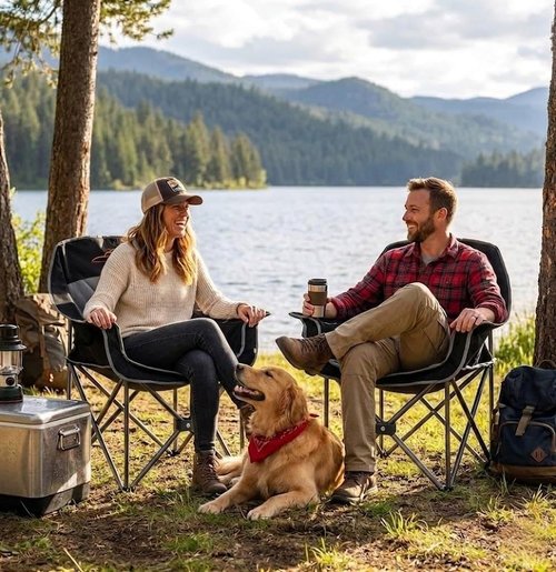 Fair Wind Oversized Padded Camping Chair - Heavy Duty Quad Fold Arm Chair, Supports 500LBS, Black - 2 Pack