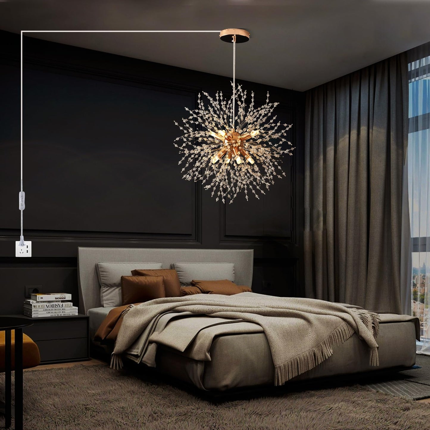 Plug in Crystal Chandeliers Firework, Dandelion Chandelier Modern, Gold Sputnik Pendant Light, 8 Light Hanging Ceiling Light Fixture G9 Socket for Dining Room Kitchen Bedroom Foyer Hallway Entryway