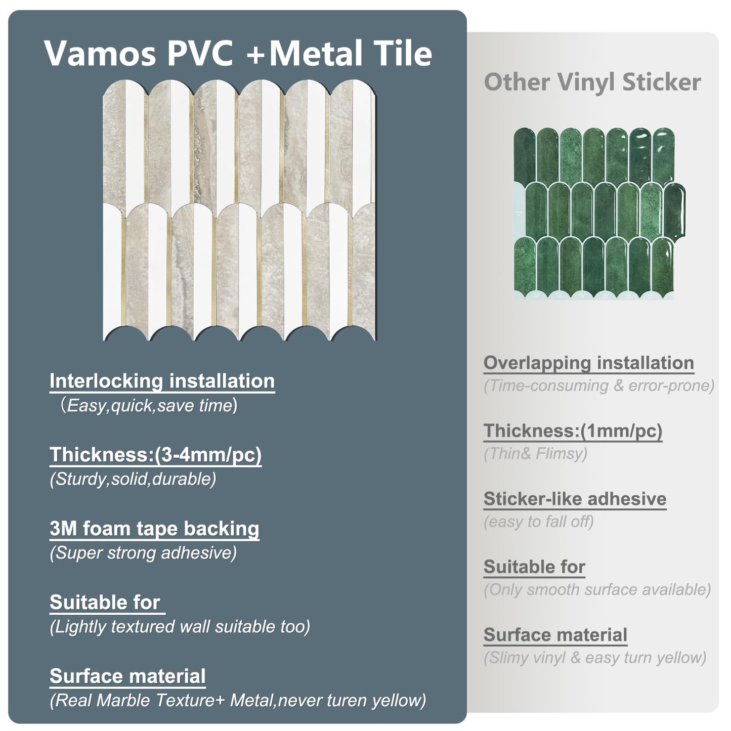 Vamos Tile Peel and Stick Backsplash Seamless Tile,1-Sheet Stick on Backsplash for Kitchen and Bathroom,White and Beige Slate PVC Mixed Metal Gold Self Adhesive Mosaic Tiles