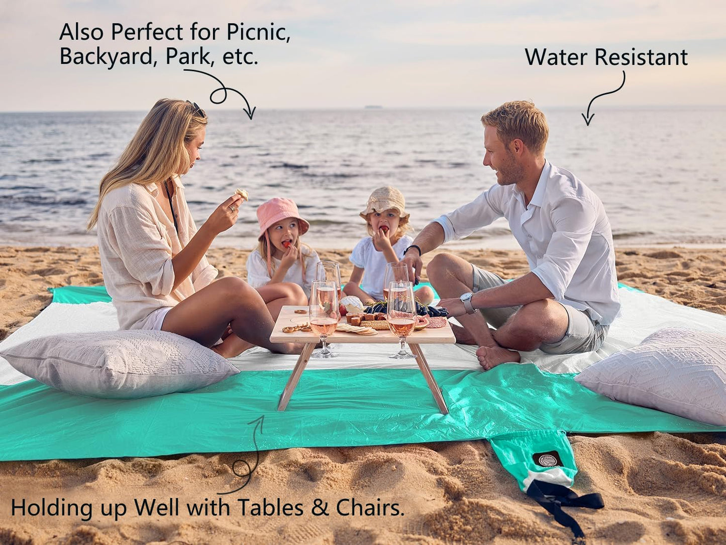 WEKAPO Beach Blanket Sandproof Waterproof, Extra Large Beach Mat, Oversized & Compact Sand Free, Quick Drying Beach Essentials for Vacation, Cruise, Picnic & Camping with Stakes (Turquoise, 9x7 FT)