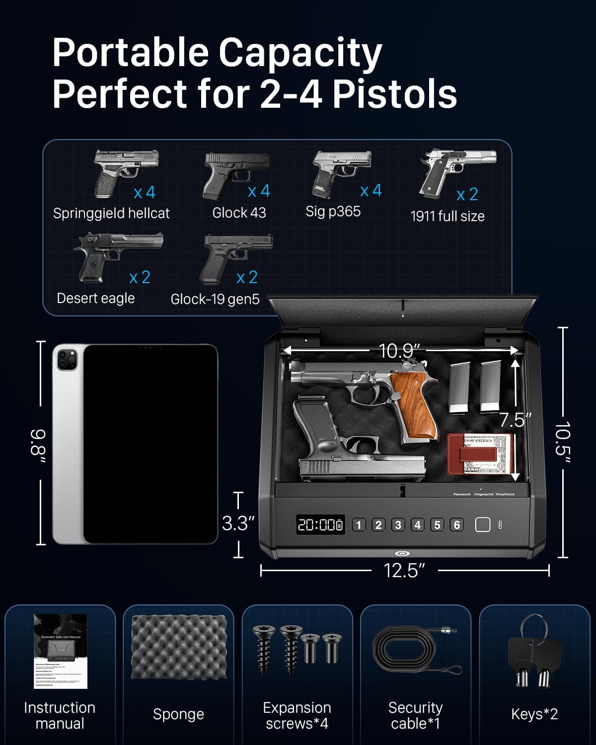 TOPMEDA Large Biometric Gun Safe - Fits 4 Pistols with Fingerprint Access, Internal Light & Silent Mode