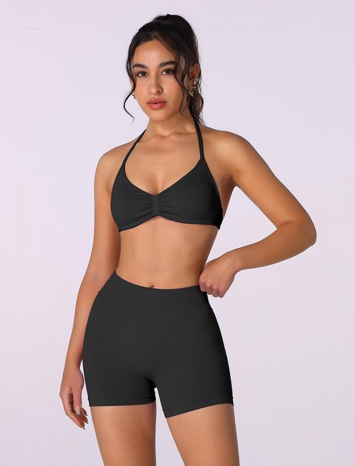ABOCIW Black Workout Sets Women 2 Piece Seamless Strappy Halter Sports Bra Scrunch Butt Lifting Shorts Active Wear Yoga Outfits #1 Black Small