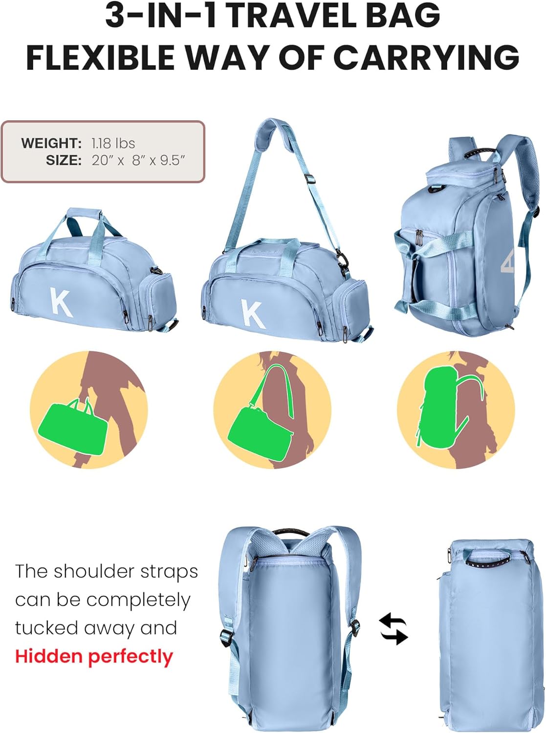 Skiennix Initial Gym Bag - Stylish Dance Bag for Girls with Shoe Compartment | Monogrammed Overnight Duffle (Letter K)
