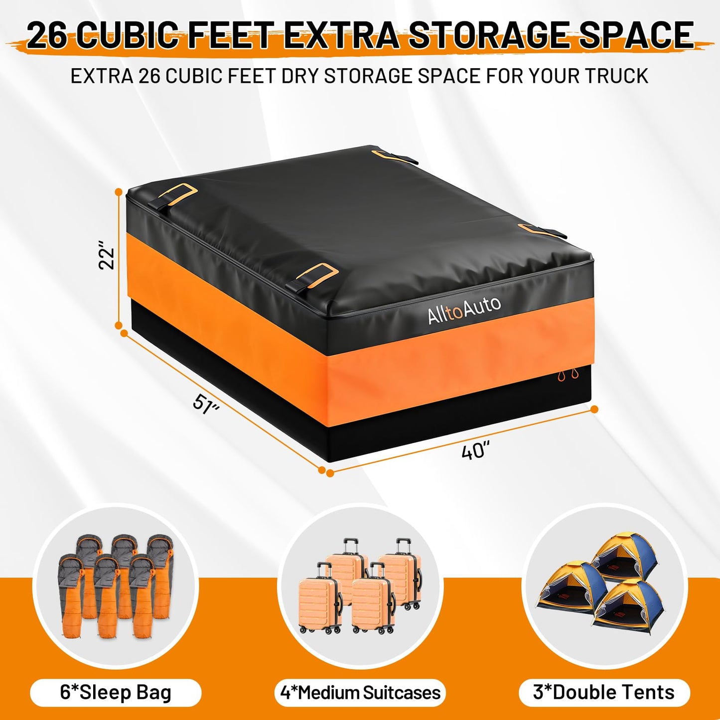 [High Visibility] Waterproof Truck Bed Bag with Orange Safety Trim, 26 CuFt Heavy Duty Cargo Carrier for Pickup Truck, Weatherproof Storage Bag for Camping & Road Trips